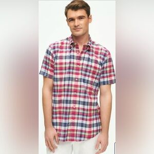 NWT Brooks Brothers Washed Cotton Madras Short Sleeve Button Down Cotton Shirt
